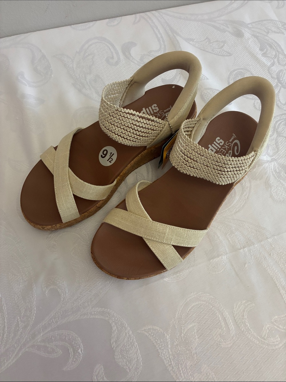 Skechers Cream Wedge Sandals with Braided Ankle Strap
